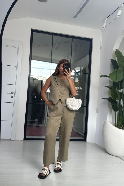 HAKİ TAŞ DETAYLI KETEN TAKIM