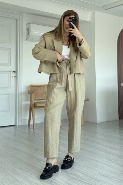 Haki Tasarım Ceket Bağlama Detaylı Takım