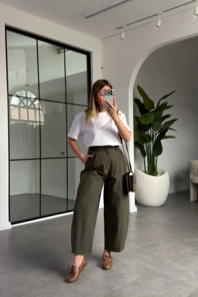 HAKİ TEK PİLELİ ŞALVAR PANTALON