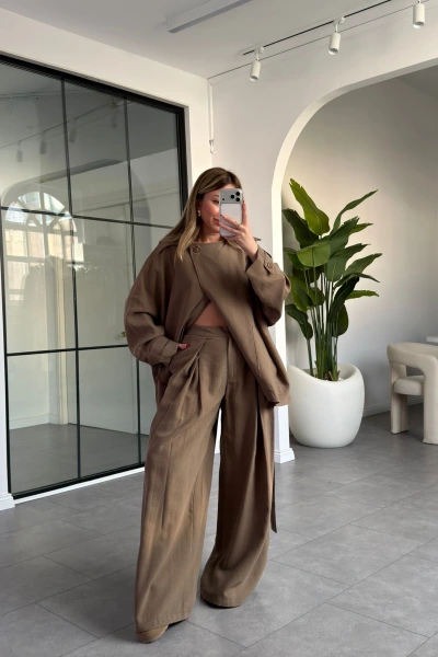 HAKİ TENSEL KEMERLİ CEKET PANTOLON TAKIM