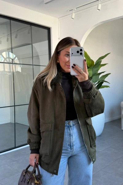 HAKİ TORBA CEPLİ KÜRK YAKA SÜET CEKET