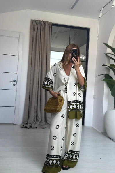 HAKİ TULİPA ETNİK DESEN TAKIM