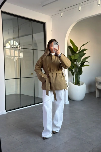 HAKİ YAKASI KADİFE KUŞAKLI MONT