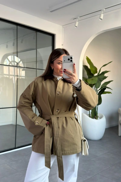 HAKİ YAKASI KADİFE KUŞAKLI MONT