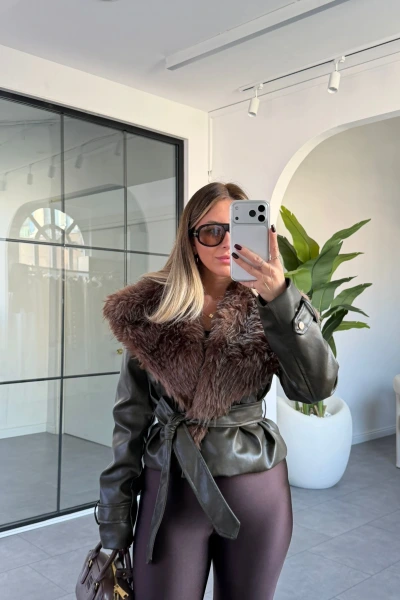 HAKİ YAKASI KÜRKLÜ DERİ CEKET