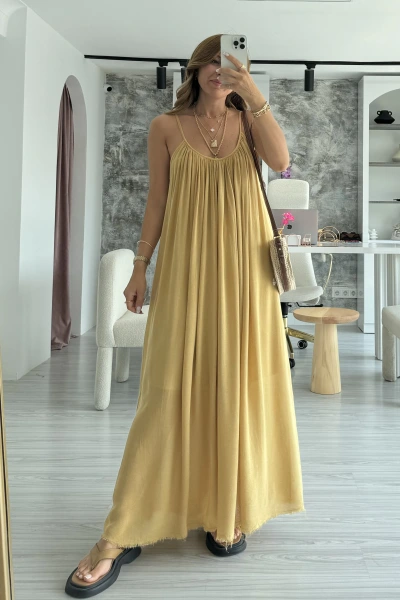 Hardal Ayarlanabilir Askılı Organik Kumaş Elbise