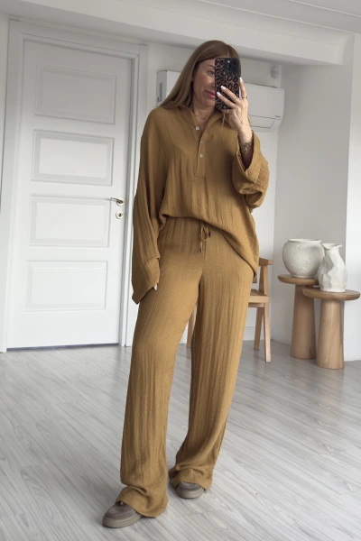 Hardal Gömlek Yaka Keten Yumoş Takım