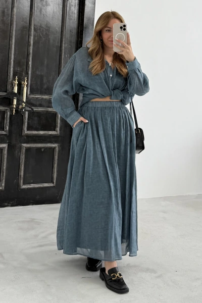 İndigo Cepli Astarlı Etek Baskılı Gömlek Takım