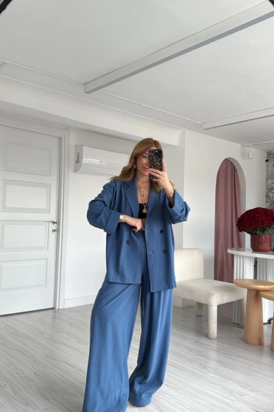 İndigo Dört Düğmeli Ceket Palazzo Pantolon Takım
