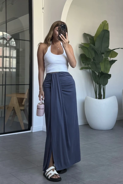 İNDİGO MODAL KUMAŞ BÜZGÜLÜ ETEK