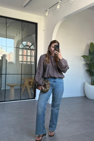 KAHVE BALON KOL TRANSPARAN BLUZ