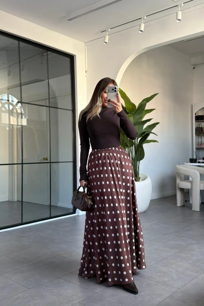 KAHVE BEJ PUANTİYELİ SATEN ETEK