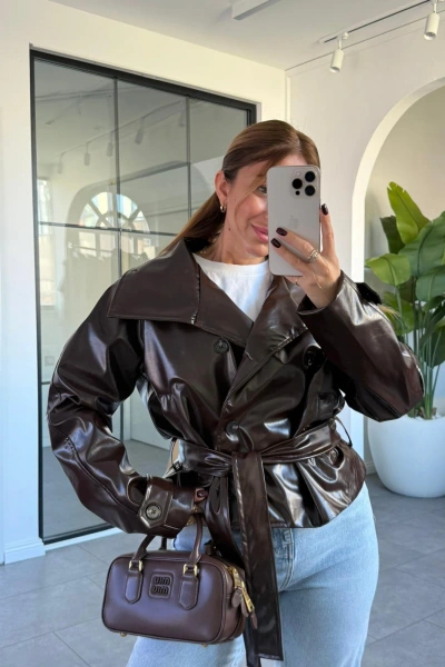 KAHVE BELDEN BAĞLAMALI DERİ CEKET