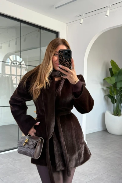 KAHVE BELDEN OTURMALI ŞAL YAKA KAŞE CEKET