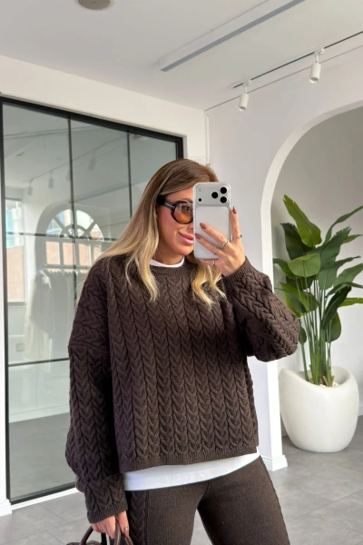 KAHVE BİSİKLET YAKA SAÇ ÖRGÜ TRİKO TAKIM