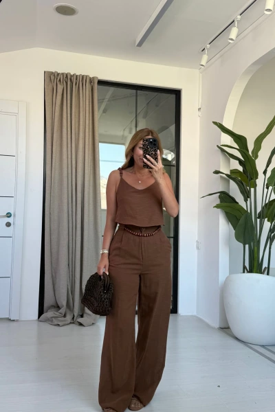 KAHVE BONCUK İP ASKILI TAKIM