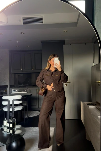 KAHVE CEP DETAYLI JEAN CEKET PANTOLON TAKIM