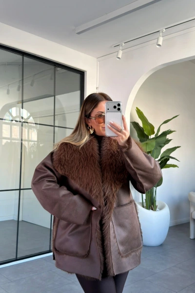 KAHVE ÇİFT TARAFLI TASARIM KÜRK MONT