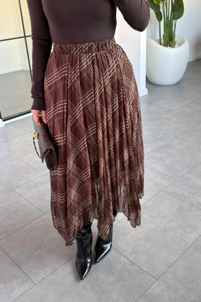 KAHVE ÇİZGİLİ ASİMETRİK ETEK