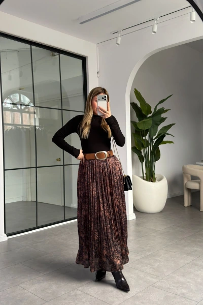 KAHVE DESENLİ PİLİSELİ ETEK