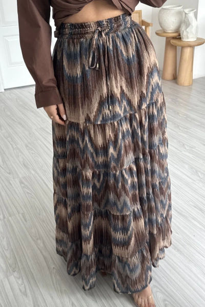 Kahve Desenli Renkli Uzun Etek