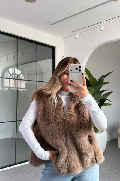 KAHVE FERMUARLI KÜRK YELEK