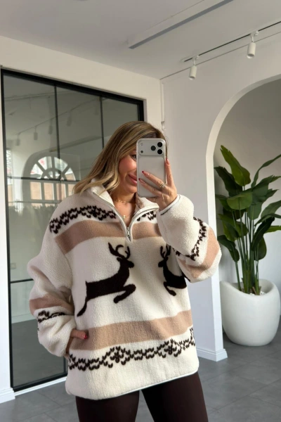 KAHVE GEYİK DESEN PELUŞ SWEATSHİRT
