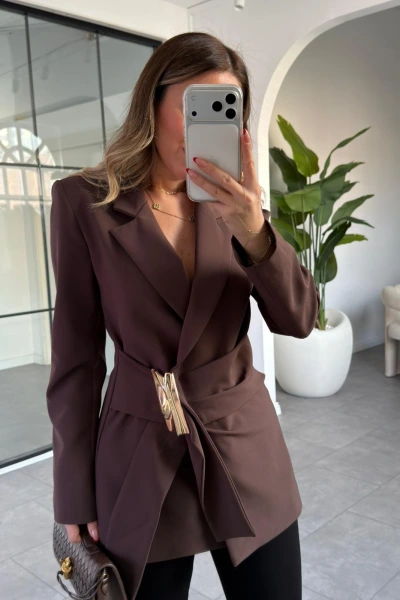 KAHVE GOLD AKSESUAR DETAY BAĞLAMALI BLAZER CEKET