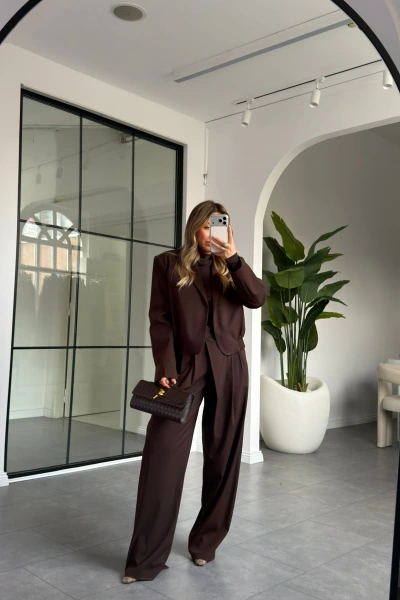 KAHVE GOLD AKSESUARLI PALAZZO CEKET TAKIM