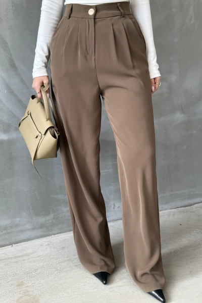 Kahve Gold Düğmeli Pileli Palazzo Pantolon