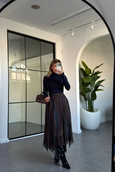 KAHVE İNDİGO BATİK DESEN ETEK