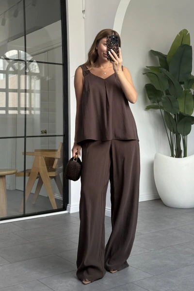 KAHVE KALIN ASKILI TENSEL PANTOLON TAKIM