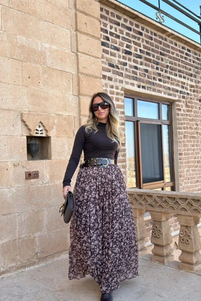 KAHVE KALIN KEMERLİ ŞİFON ETEK