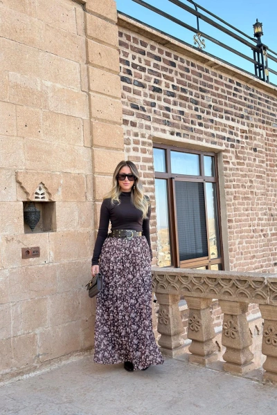 KAHVE KALIN KEMERLİ ŞİFON ETEK