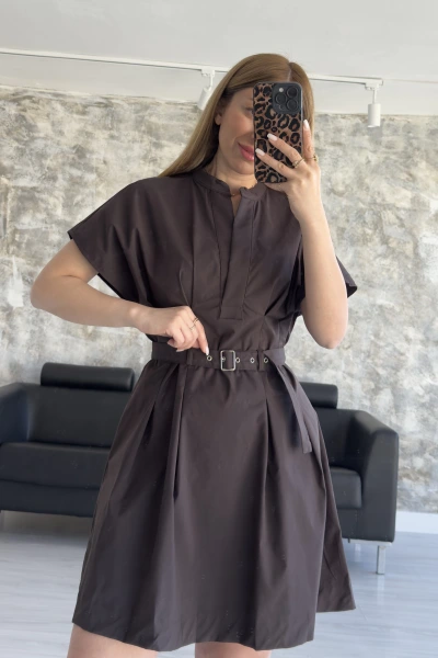 Kahve Kemer Detaylı Muadil Elbise