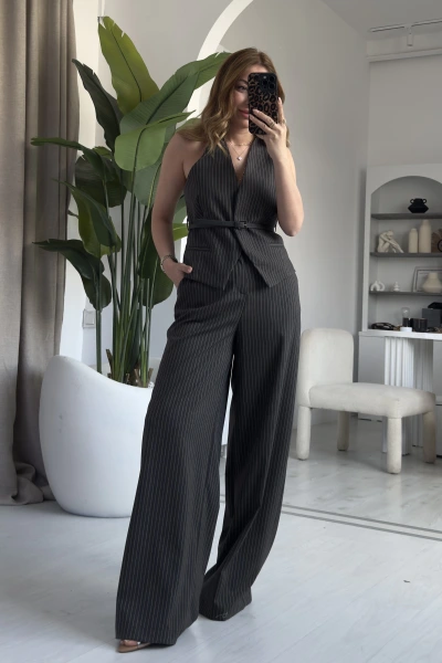 Kahve Kemer Detaylı Yelek Takım