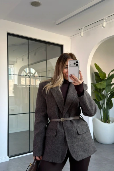 KAHVE KEMERLİ BLAZER KAŞE CEKET