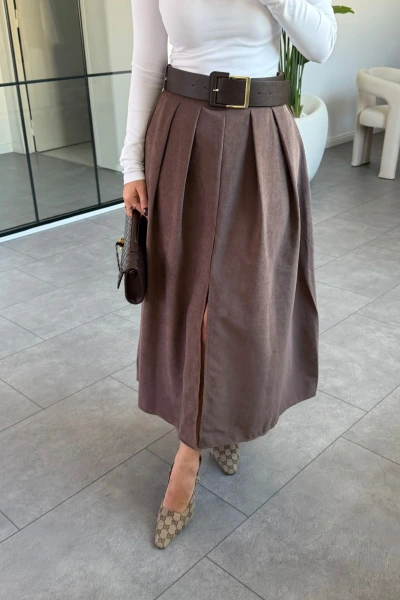 KAHVE KEMERLİ İNCE SÜET ETEK