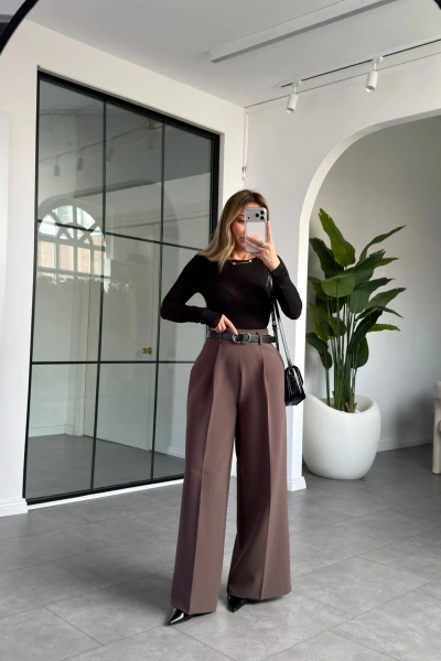 KAHVE KEMERLİ PALAZZO PANTOLON