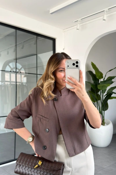 KAHVE KETEN CROP CEKET 9736