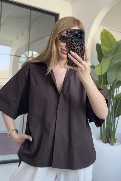 KAHVE KISA KOL POPLİN GÖMLEK
