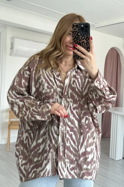 Kahve-Krem Desenli Salaş Gömlek