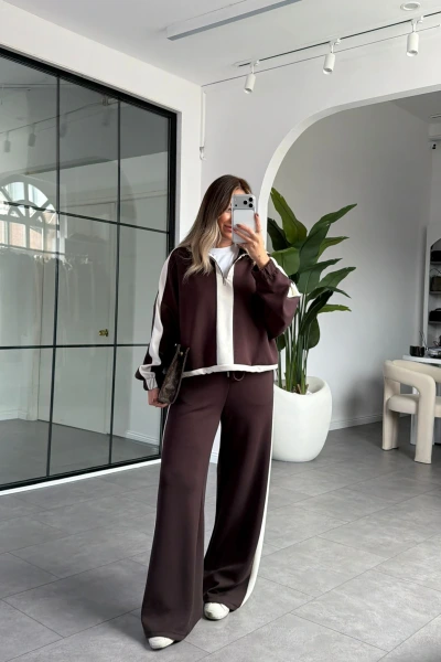 KAHVE KREM ŞERİT DETAYLI MODAL TAKIM