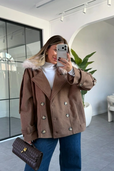 KAHVE KÜRK YAKA KISA KAŞE KABAN