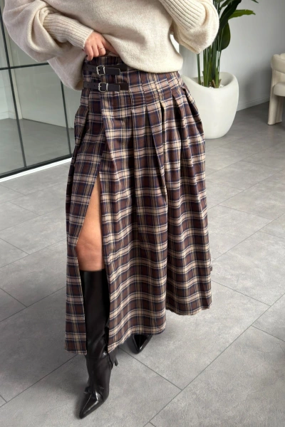 KAHVE LACİVERT ÇİFT KEMERLİ EKOSE ETEK