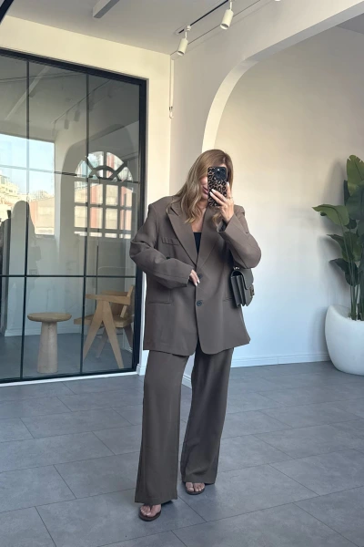 KAHVE OVERSİZE BLAZER PANTOLON TAKIM