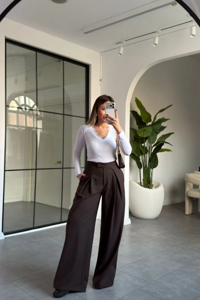 KAHVE PENSLİ DÖKÜMLÜ PALAZZO PANTOLON