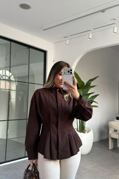 KAHVE PENSLİ GÖMLEK