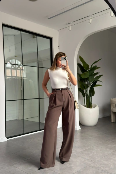 KAHVE PİLELİ İÇTEN PERVAZLI PANTOLON