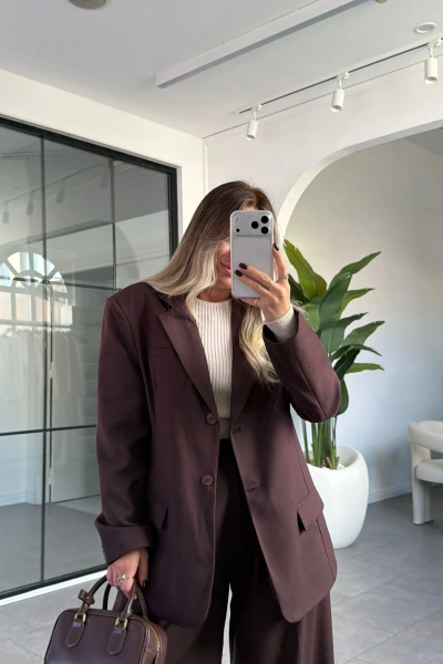 KAHVE ÇİFT CEPLİ KRUVAZE YAKA CEKET